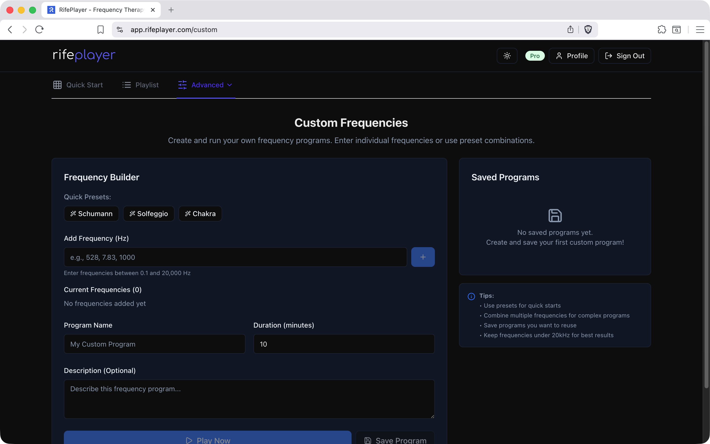 Custom programs, ranges, and sweeps